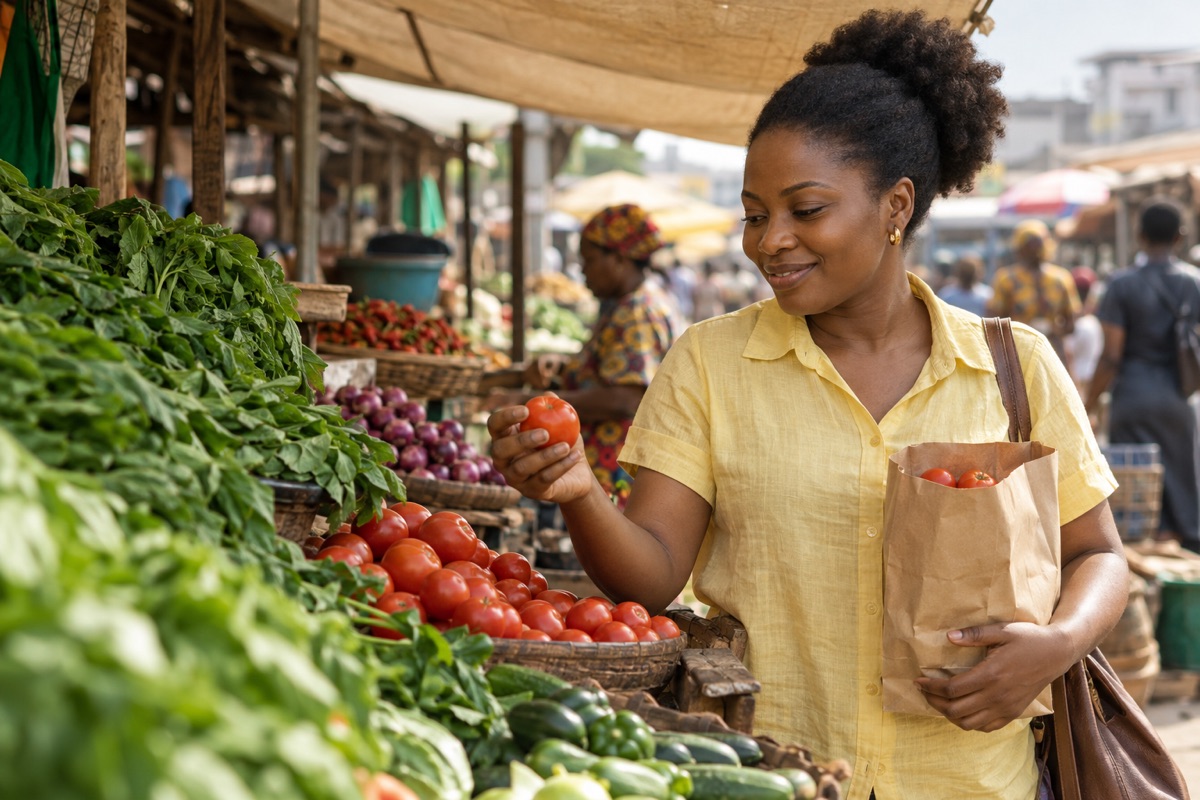 A woman choosing fresh produce at a Nigerian market.