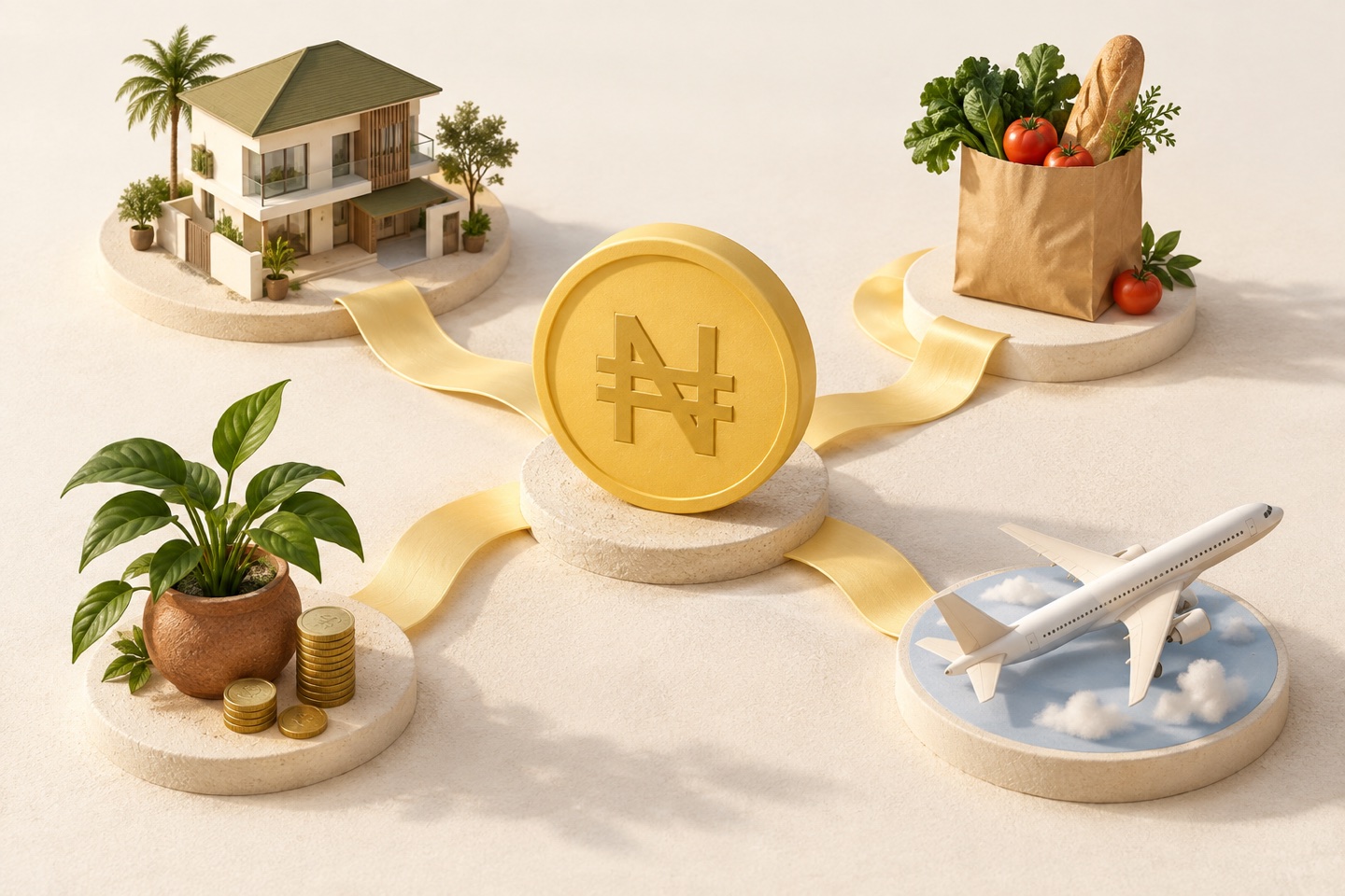 A naira coin connected by golden paths to home, groceries, savings, and travel — the destinations of your money.